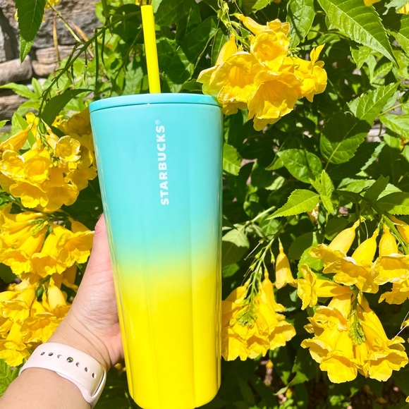 💚💛💙Brand new starbucks stainless🌈yellow/Tiffany blue Ombré Tumbler cup💛💚💙 - Picture 2 of 3